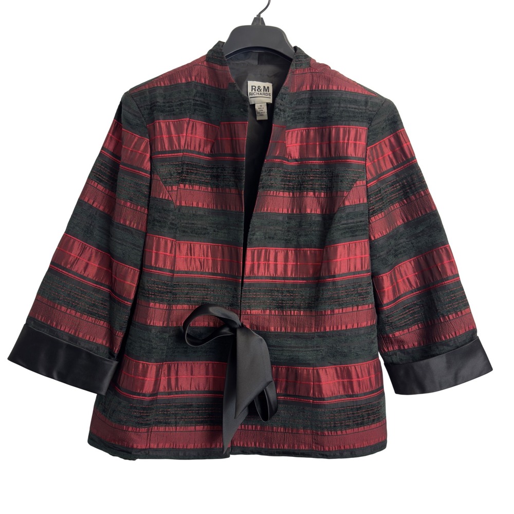 R&M Richards Womens Red Black Velvet Striped Evening Jacket Satin Tie Size 18